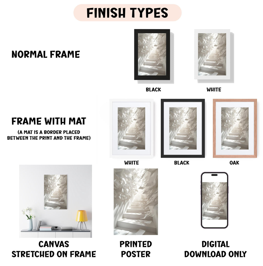various finish types for artwork, including a normal frame, a frame with a mat, a white frame, a black frame, an oak frame, a white canvas stretched on a frame, a black canvas stretched on a frame, a white poster, and a digital download only.