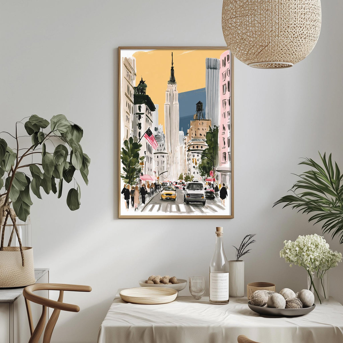 a vibrant city street scene with tall buildings, cars, and people, all set against a bright yellow sky.