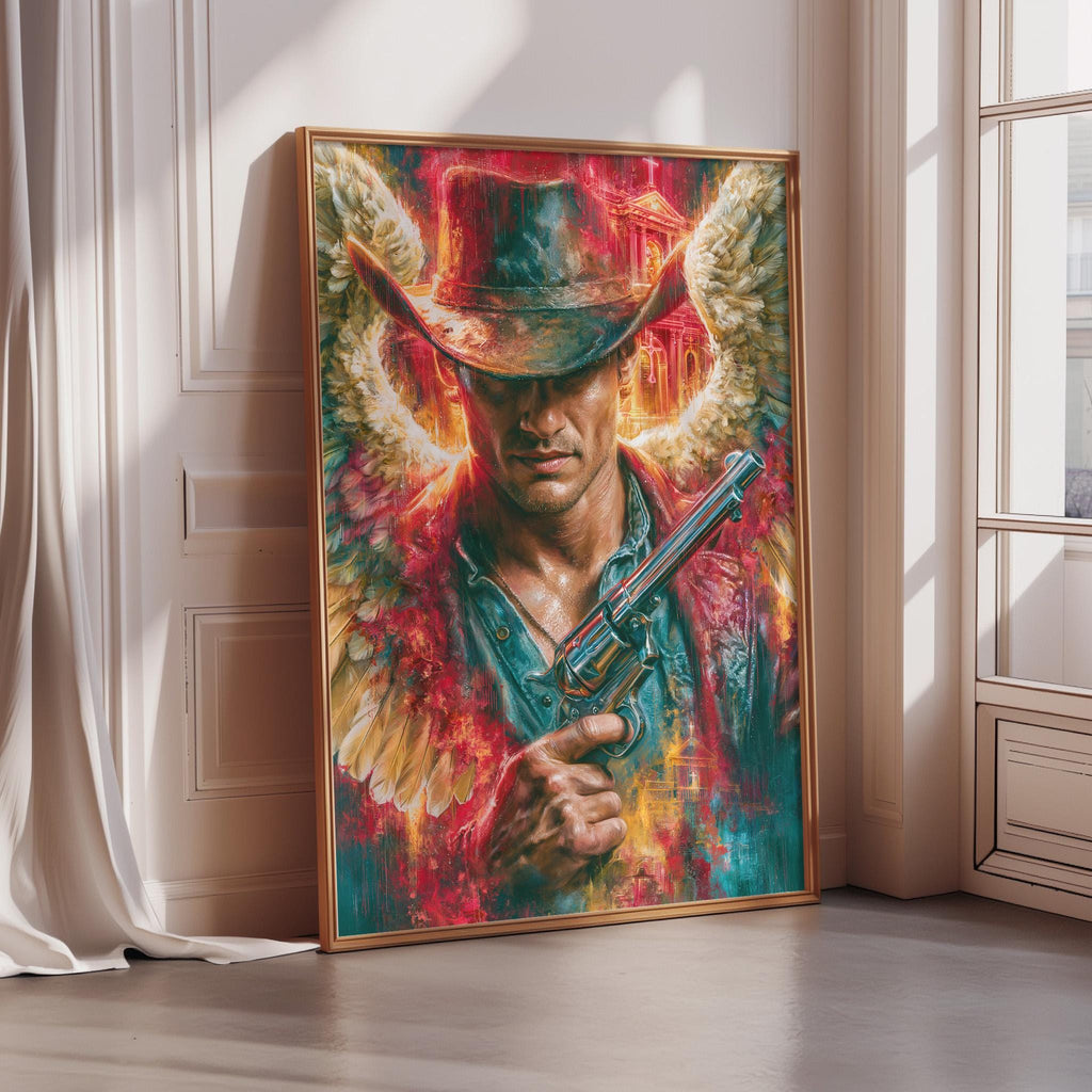 The image is a vibrant, colorful painting depicting a man with wings, holding a gun, and wearing a cowboy hat.