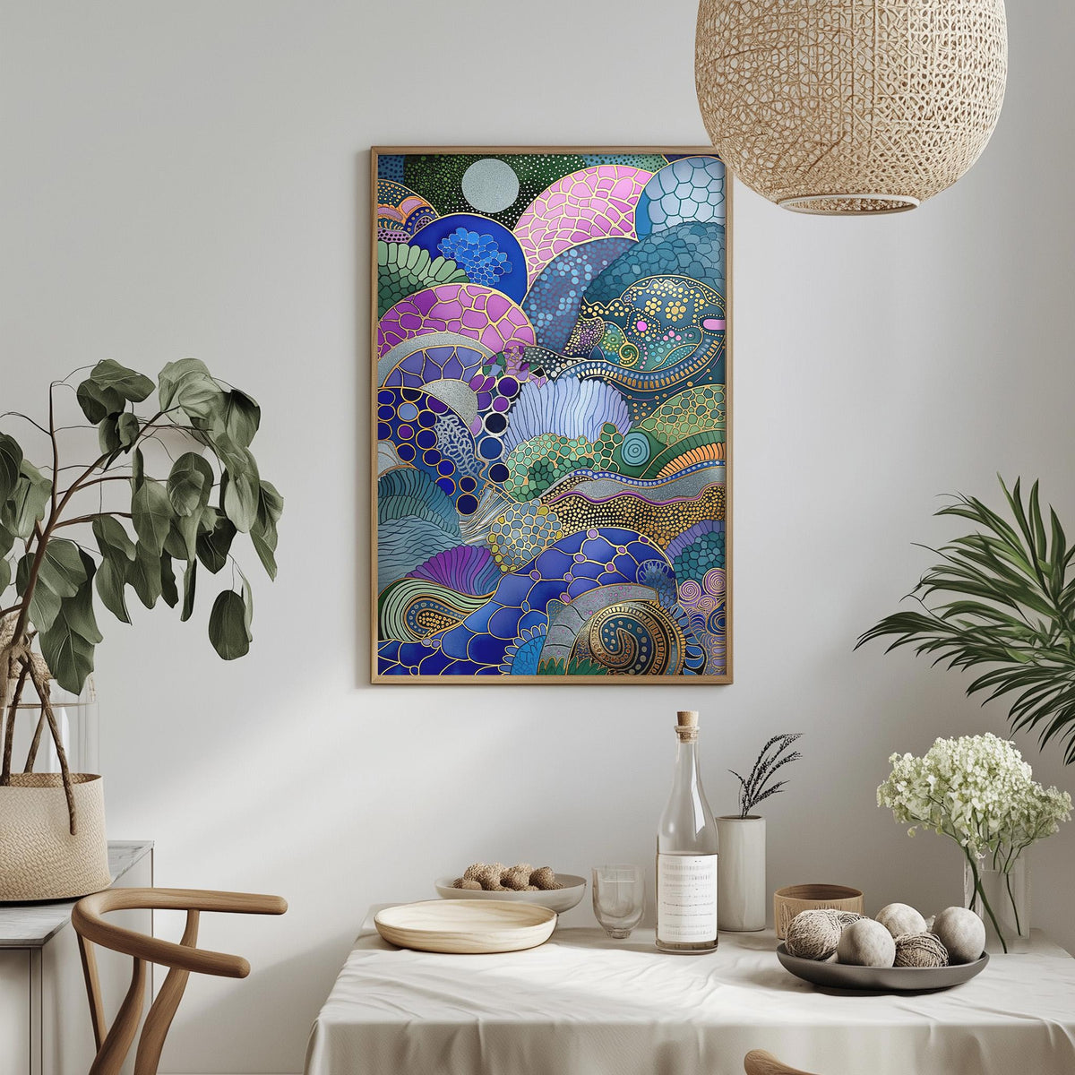 a dining table with a white tablecloth, a bowl of fruit, a bottle, and a vase with flowers. Above the table, there is a framed picture hanging on the wall.