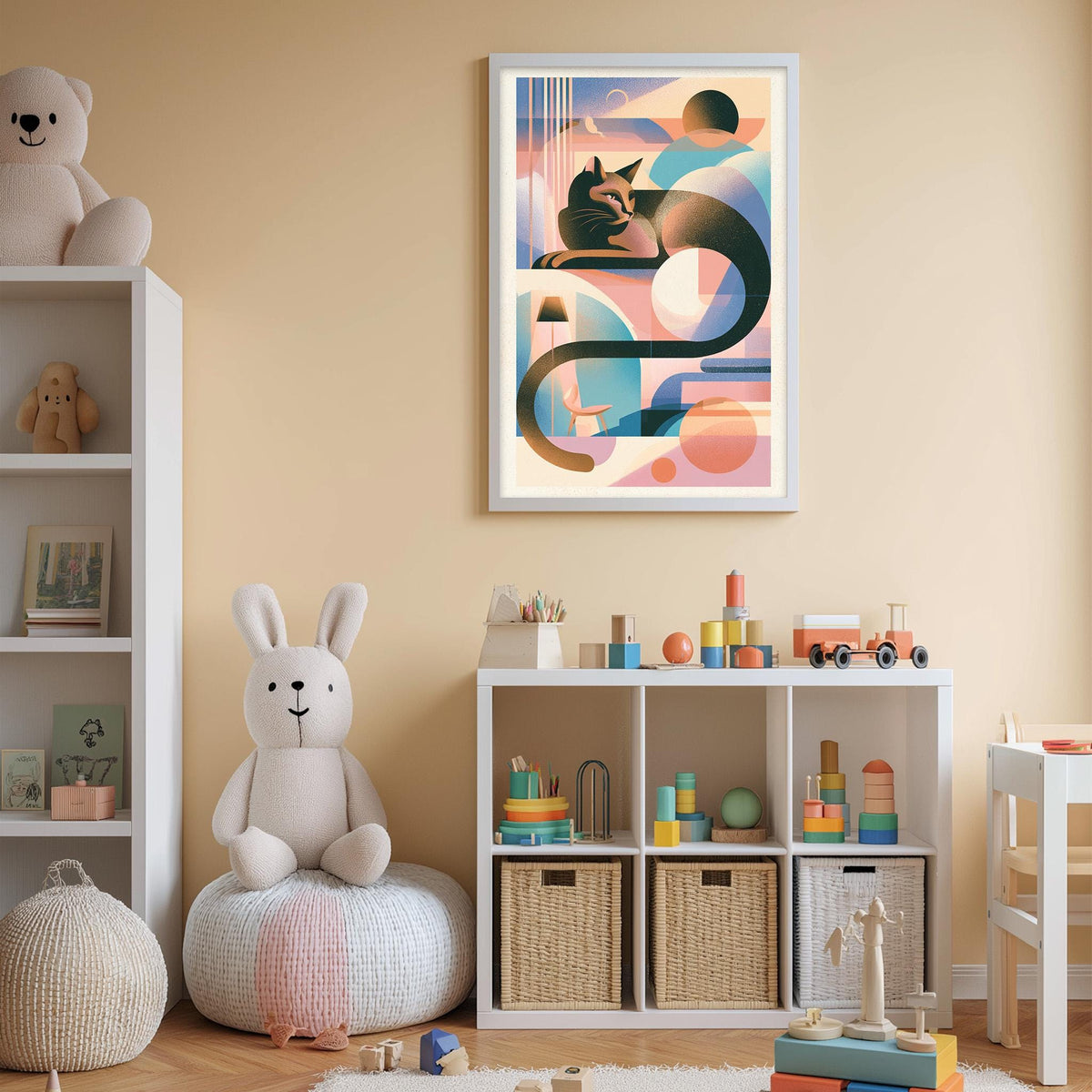 A child's bedroom with a white bookshelf, a stuffed rabbit, a colorful abstract painting, and various toys and storage bins.