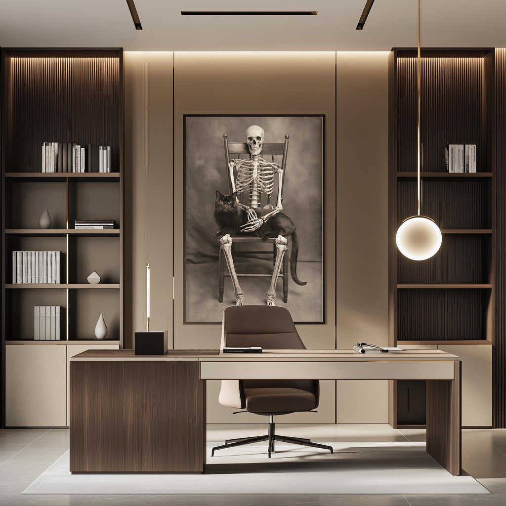 a modern and minimalist office space with a large skeleton portrait on the wall, a wooden desk, and a comfortable-looking chair.