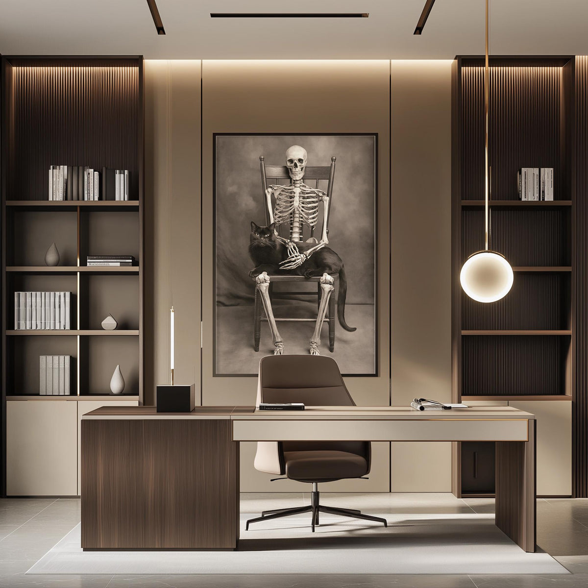 a modern and minimalist office space with a large skeleton portrait on the wall, a wooden desk, and a comfortable-looking chair.