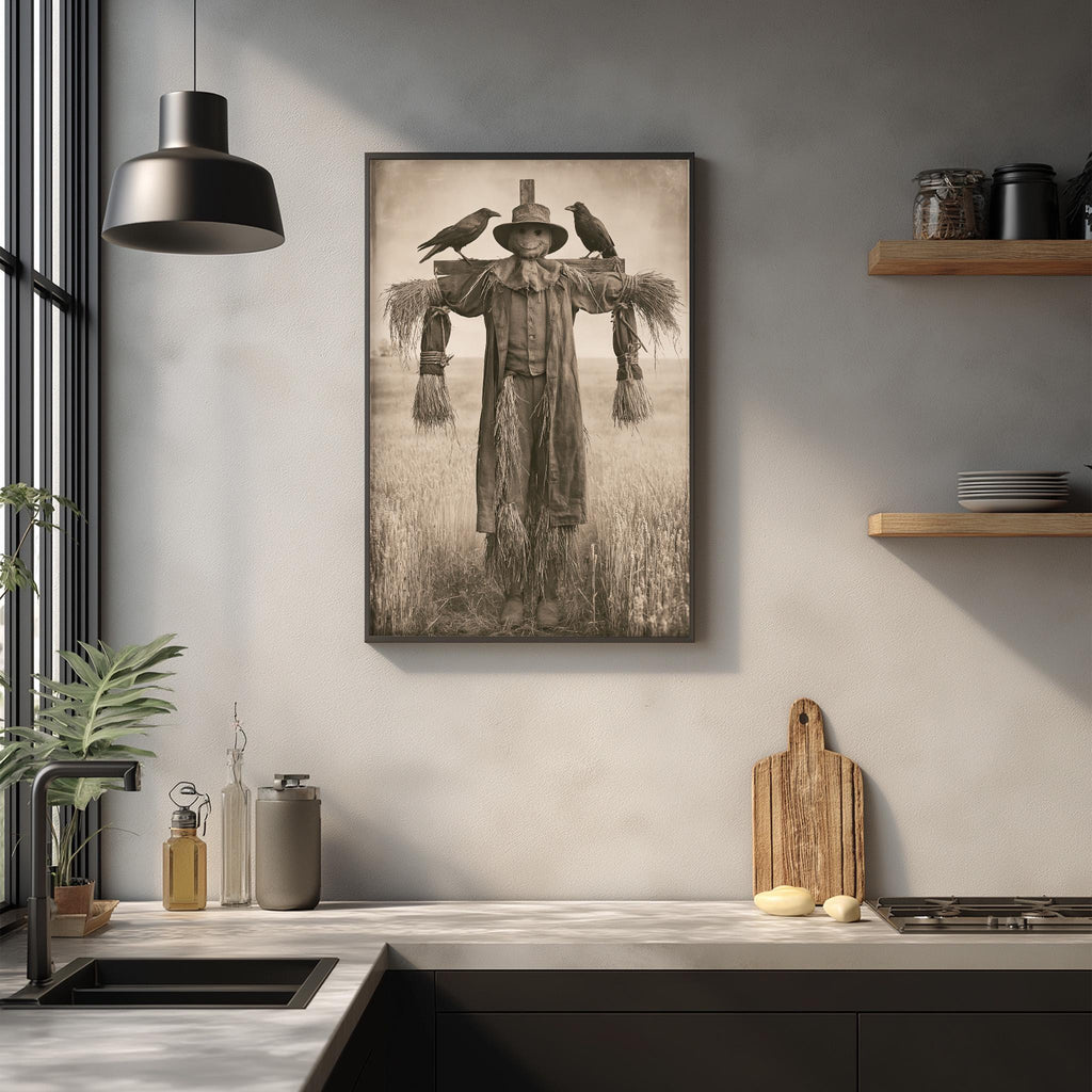a kitchen scene with a framed black and white photograph of a scarecrow hanging on the wall. The kitchen counter has various items on it, including a cutting board, a bottle, and a vase.