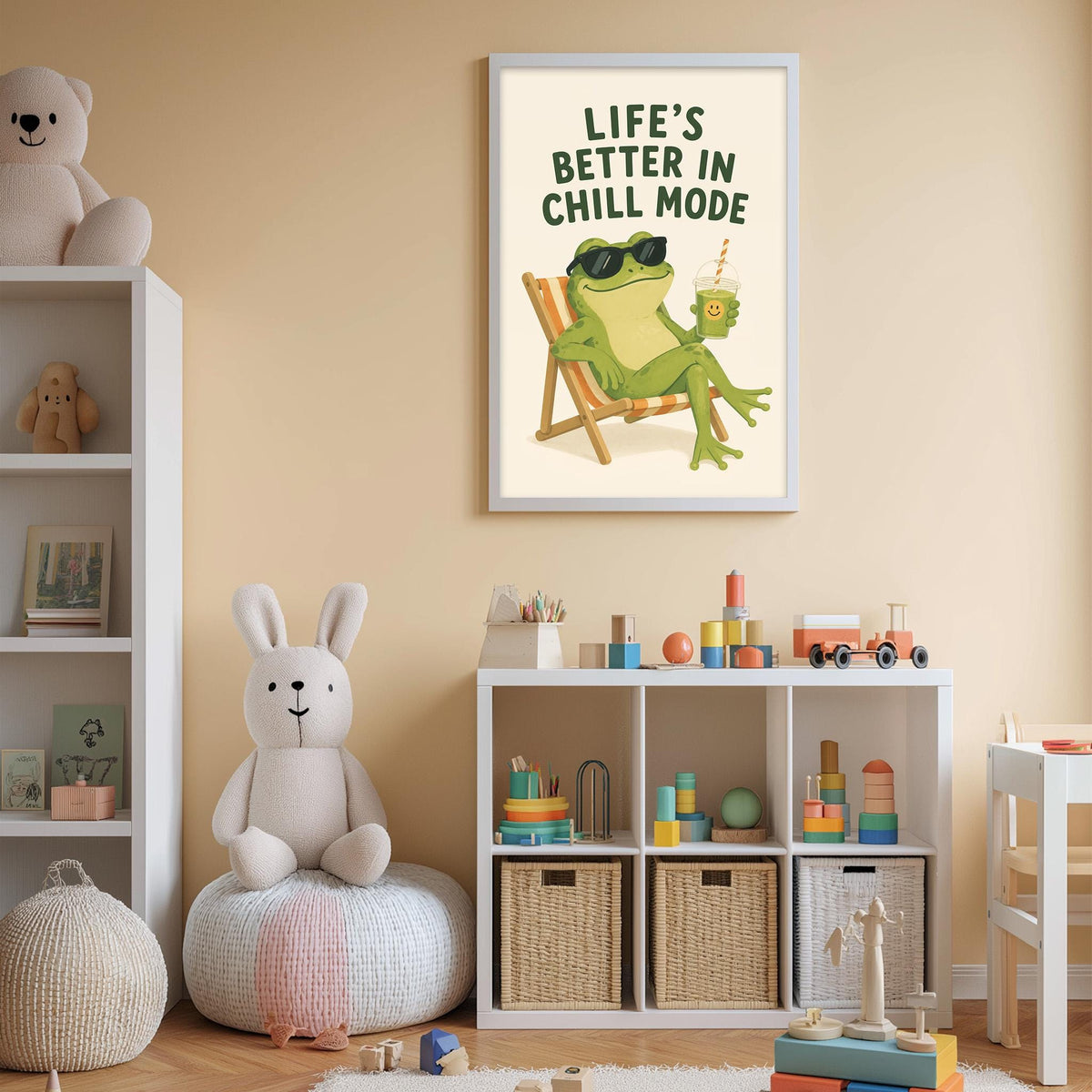 a cozy and colorful children's bedroom with a white bookshelf, a plush white rabbit, and a playful frog sitting in a chair. Above the bookshelf, there is a framed poster with the text "Life's better in chill mode" and an illustration of a frog wearing sunglasses.