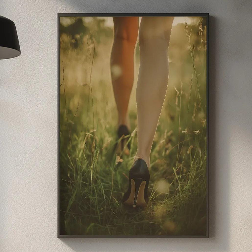 a kitchen counter with various items on it, including a framed picture of a woman's legs in high heels, a wooden cutting board, and a potted plant.