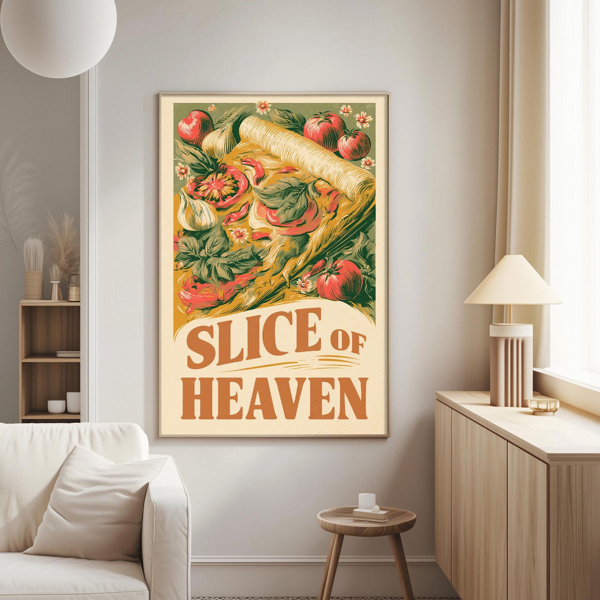 a framed poster of a slice of pizza with various vegetables on the wall of a living room.
