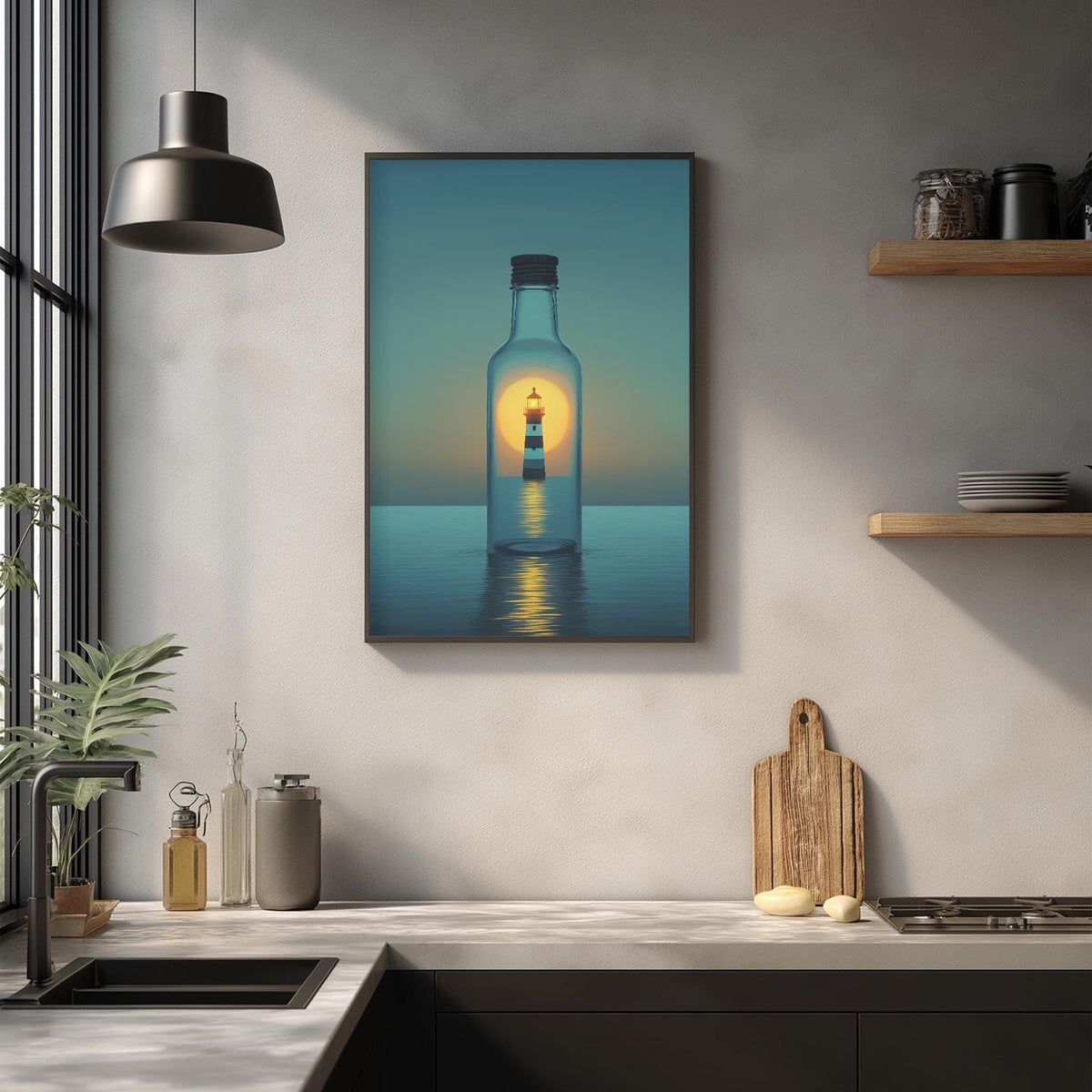 a kitchen counter with a framed picture of a lighthouse inside a glass bottle, creating a serene and calming atmosphere.