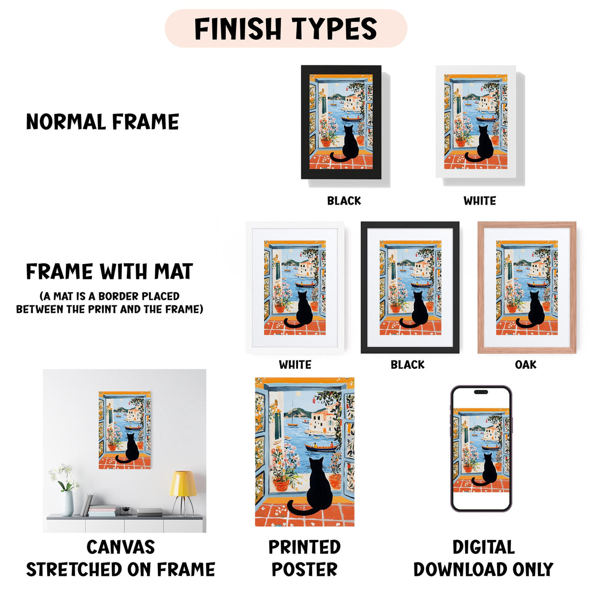 various finish types for artwork, including a normal frame, a frame with a mat, a white frame, a black frame, an oak frame, a white canvas stretched on a frame, a printed poster, and a digital download only.