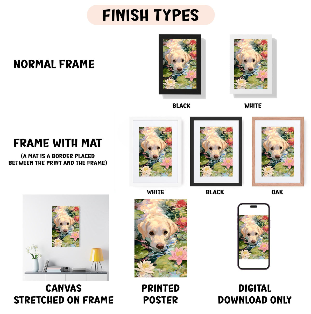 various finish types for a framed artwork of a dog in a pond, including a normal frame, a black frame, a white frame, a black frame, an oak frame, a white frame, a black frame, a printed poster, and a digital download only.