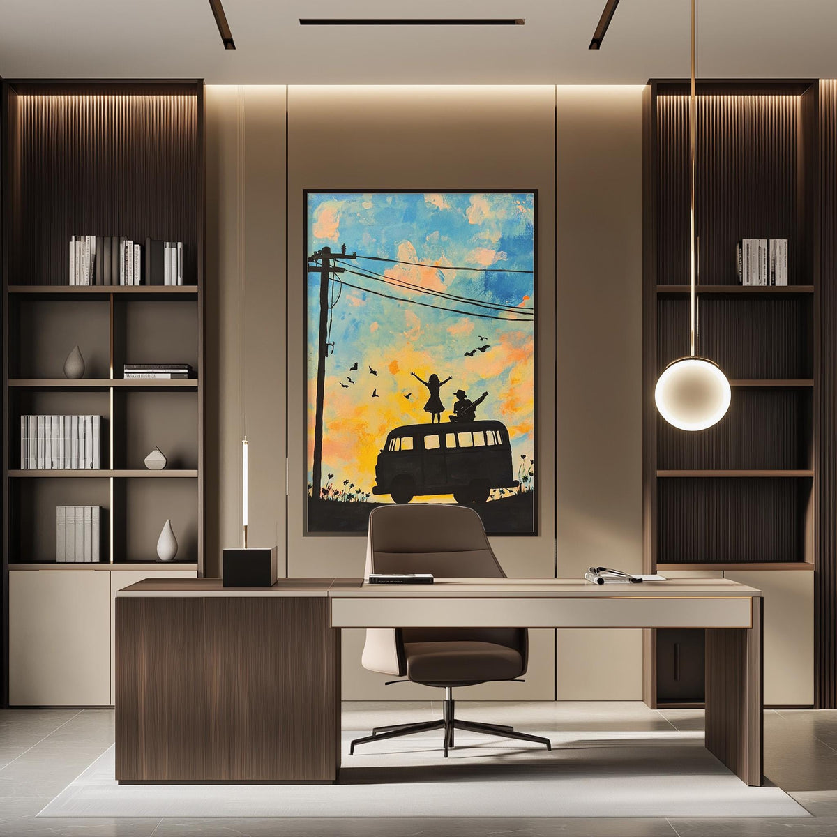 a modern office space with a large framed painting of a bus and people on the wall, a wooden desk with a chair, and built-in bookshelves.