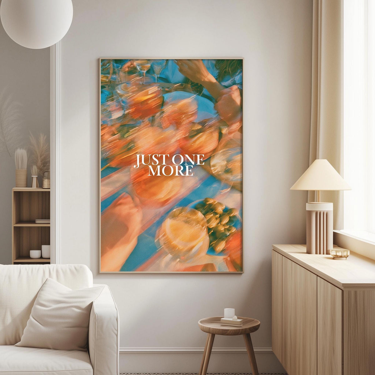 a large abstract painting hanging on a wall in a living room.