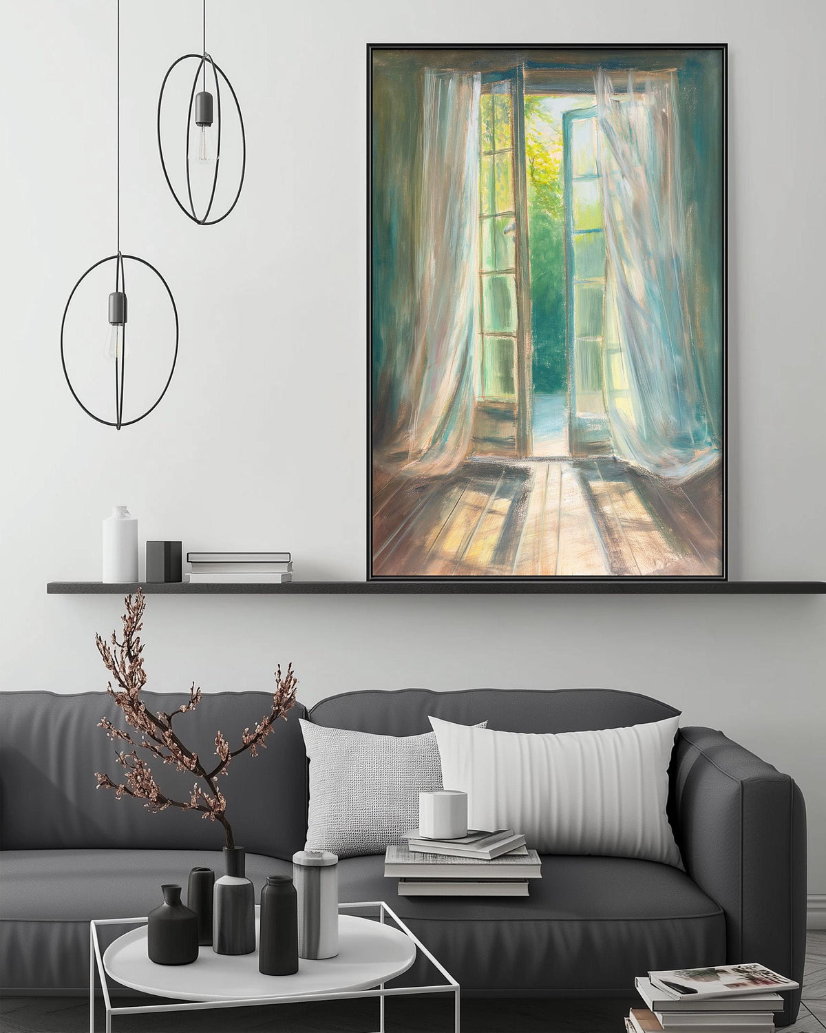 a large painting of an open window with curtains, hanging above a gray couch in a modern living room setting.