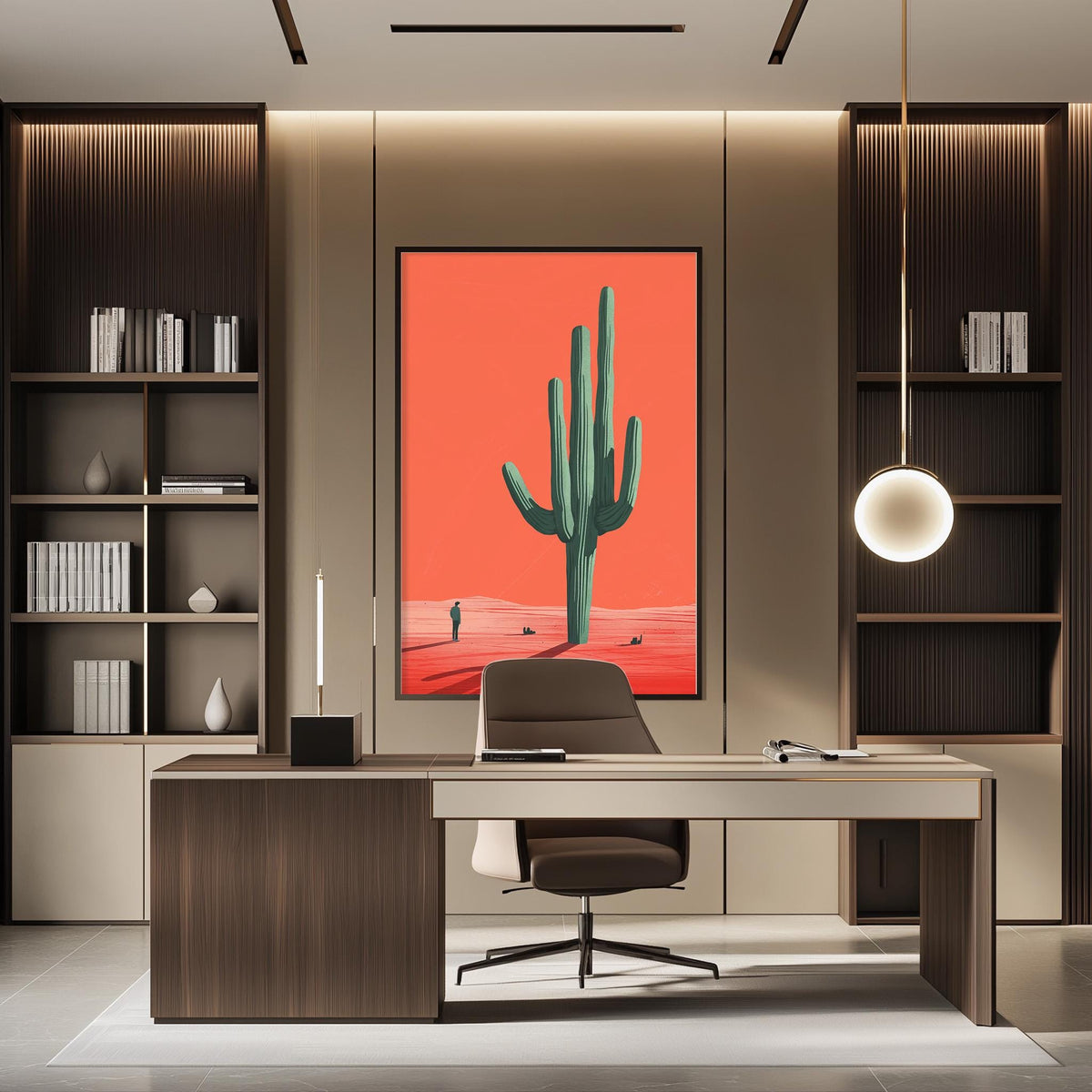 a modern office space with a large framed artwork of a cactus on the wall, a wooden desk with a chair, and built-in bookshelves.