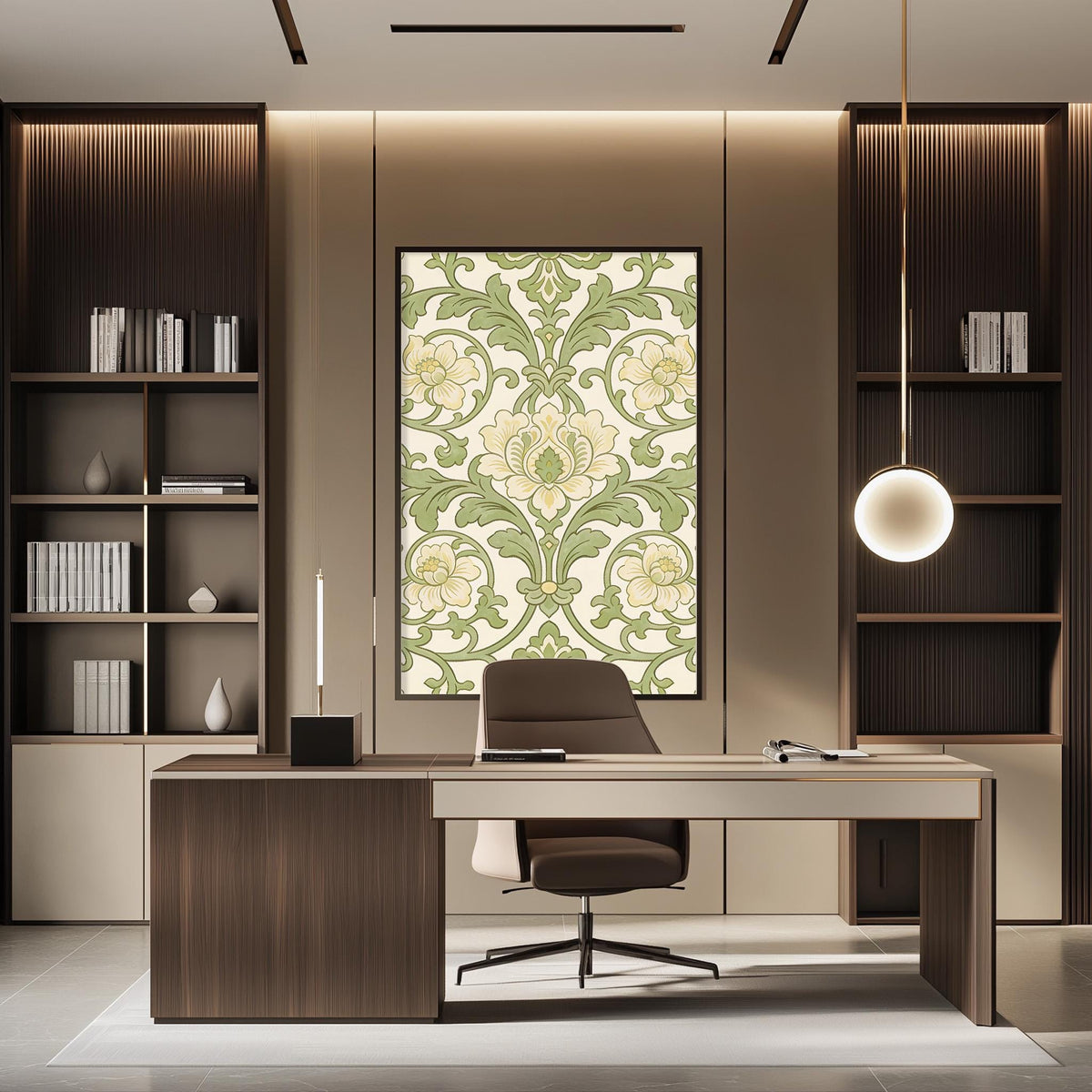 a modern and stylish office space with a large window, wooden furniture, and a patterned wall hanging.