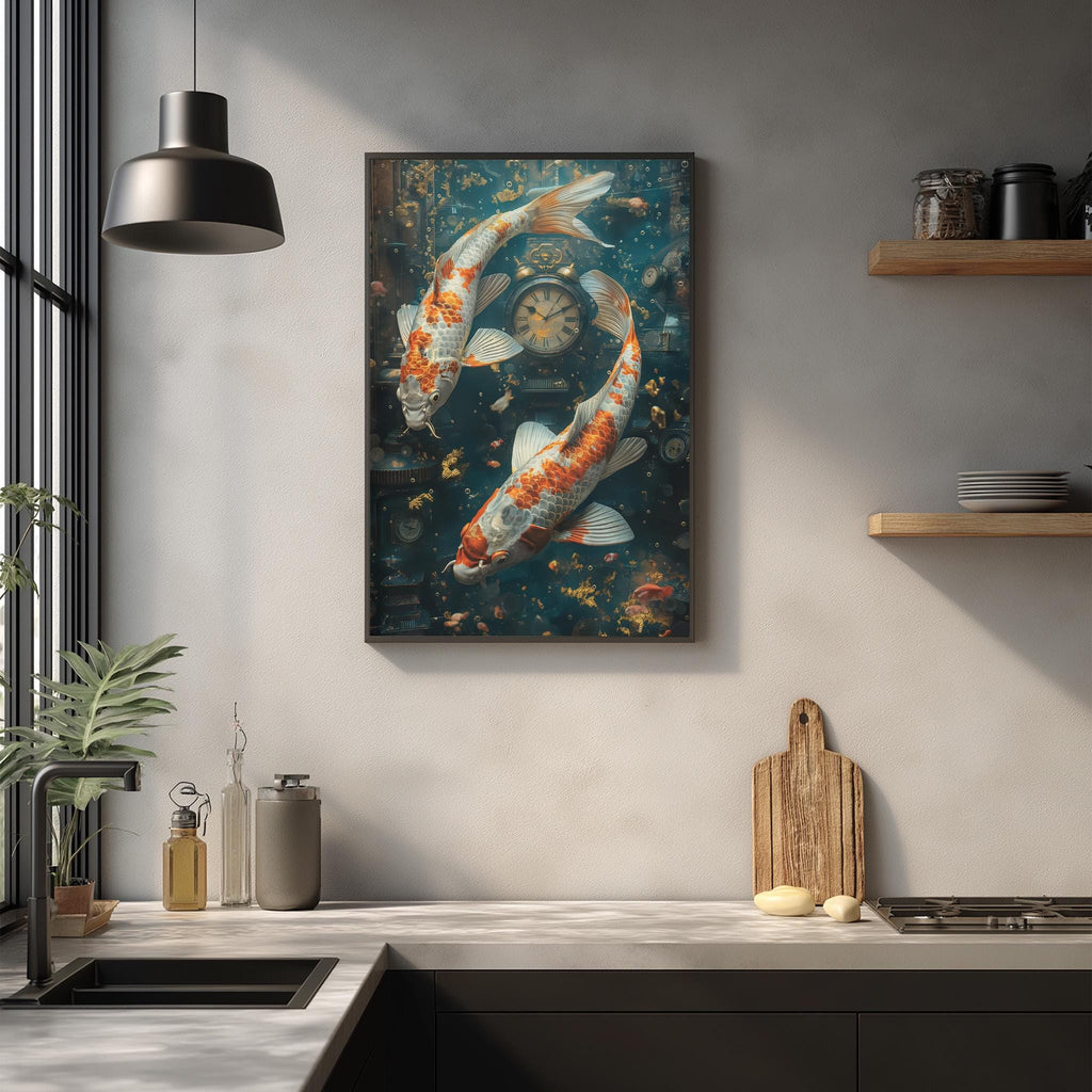 a kitchen counter with a framed painting of two koi fish swimming in a blue and green underwater scene, along with a wooden cutting board and other kitchen items.
