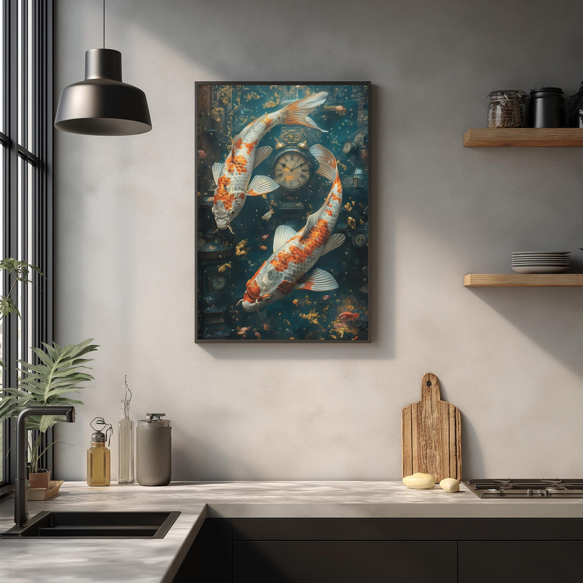 a kitchen counter with a framed painting of two koi fish swimming in a blue and green underwater scene, along with a wooden cutting board and other kitchen items.