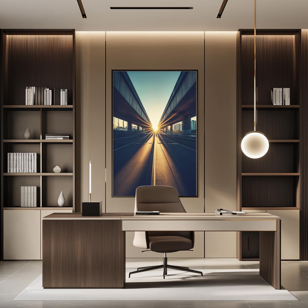 a modern and well-lit office space with a large window, a wooden desk, a comfortable chair, and a large framed artwork on the wall.
