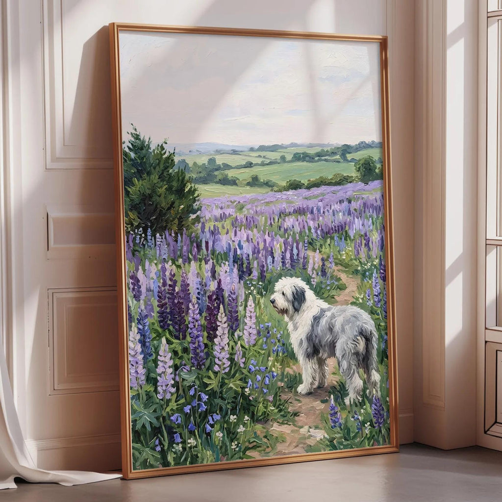 A framed painting depicting a dog standing in a field of purple flowers, with a scenic landscape in the background.
