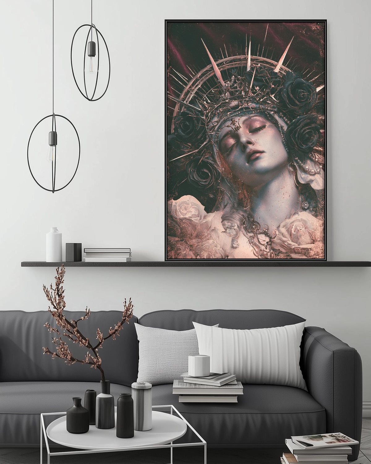 a large framed artwork depicting a woman with an ornate headdress, hanging above a gray couch in a modern living room setting.