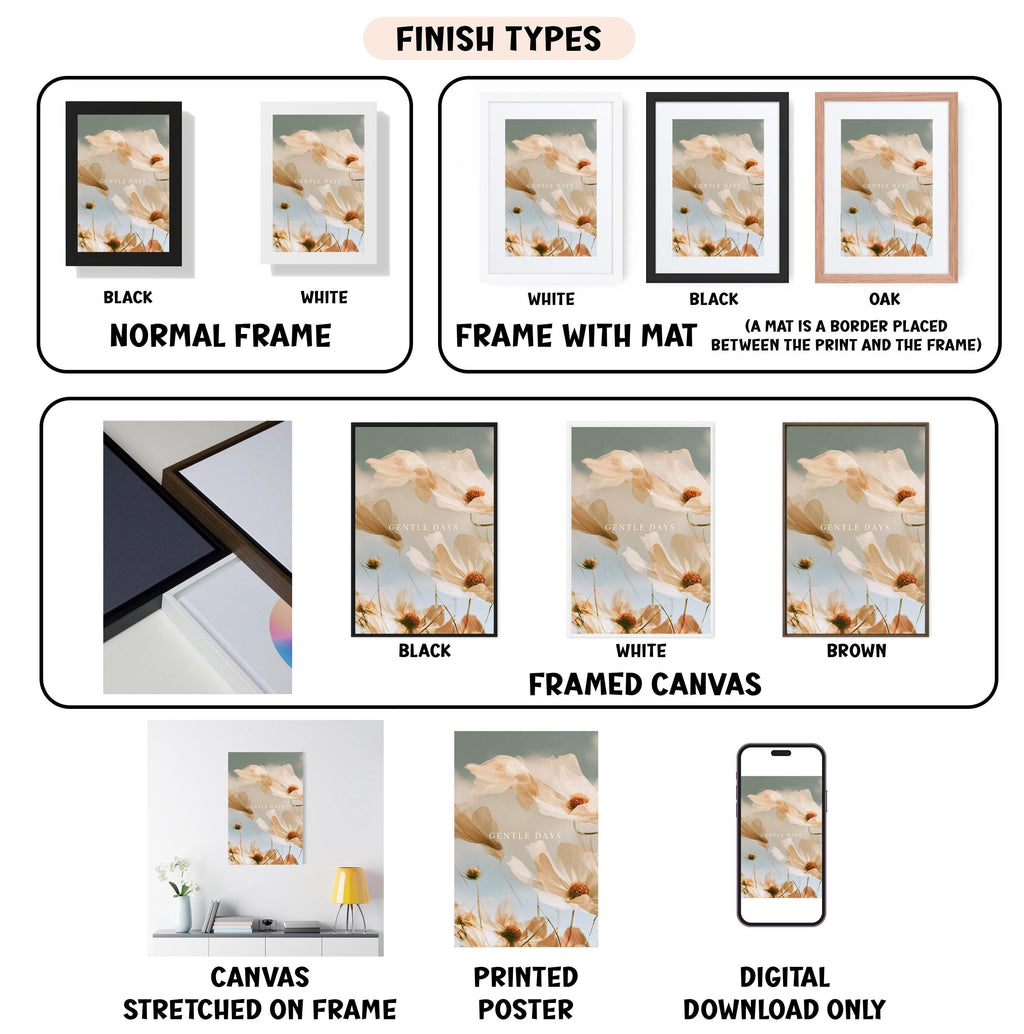 various types of artwork, including framed prints, canvas prints, and digital prints, each with different finishes and mat colors.