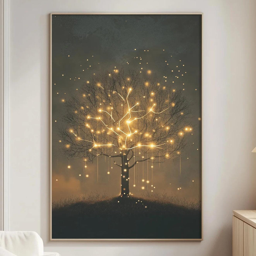 a cozy living room with a large framed picture of a tree with glowing lights hanging on the wall. The room has a white sofa, a wooden side table, and a lamp on a nearby table.
