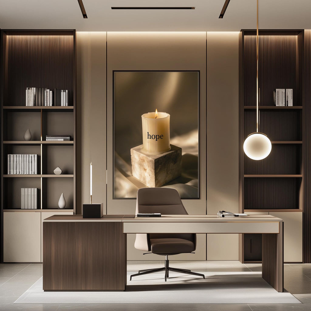 a modern and minimalist office space with a desk, chair, and shelving units. The room has a warm and inviting atmosphere, with a large candle in the center and a framed image of a candle on the wall.