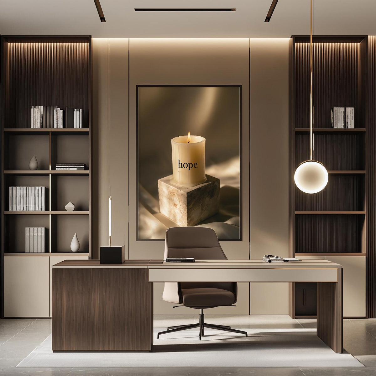 a modern and minimalist office space with a desk, chair, and shelving units. The room has a warm and inviting atmosphere, with a large candle in the center and a framed image of a candle on the wall.