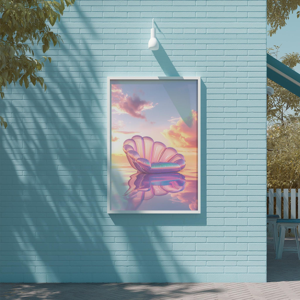 a large framed poster of a shell-shaped chair with a vibrant sunset and water scene displayed on a blue brick wall.
