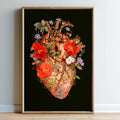 The image is a framed artwork depicting a detailed and intricate floral arrangement of red flowers and leaves on a black background.