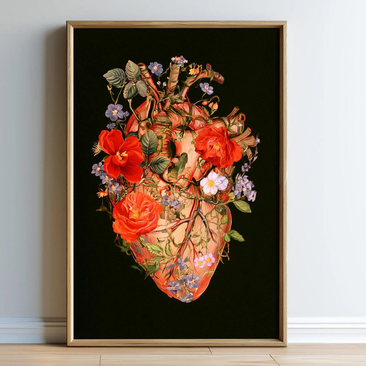 The image is a framed artwork depicting a detailed and intricate floral arrangement of red flowers and leaves on a black background.