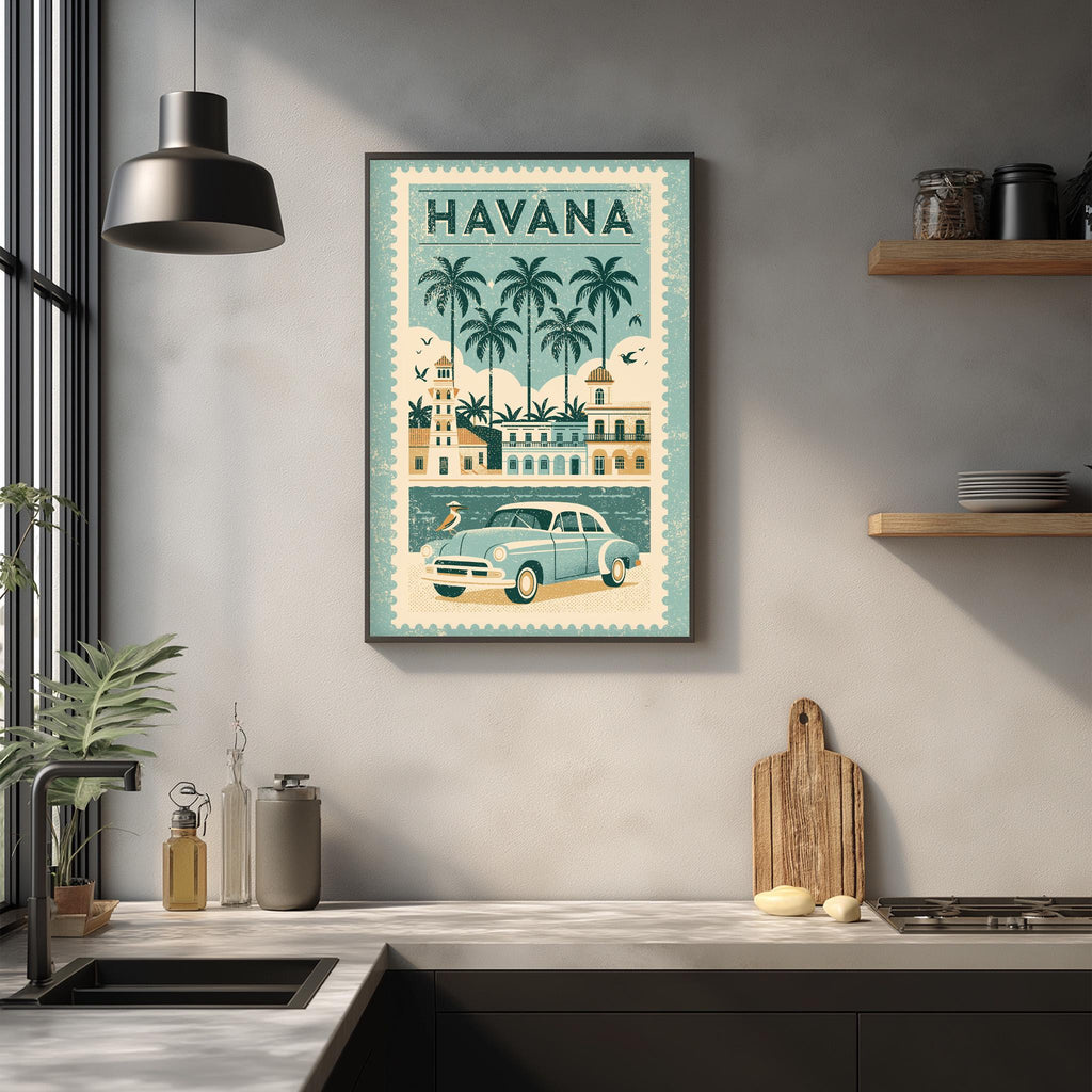 a framed poster of a vintage car and palm trees, hanging on a wall above a kitchen counter.