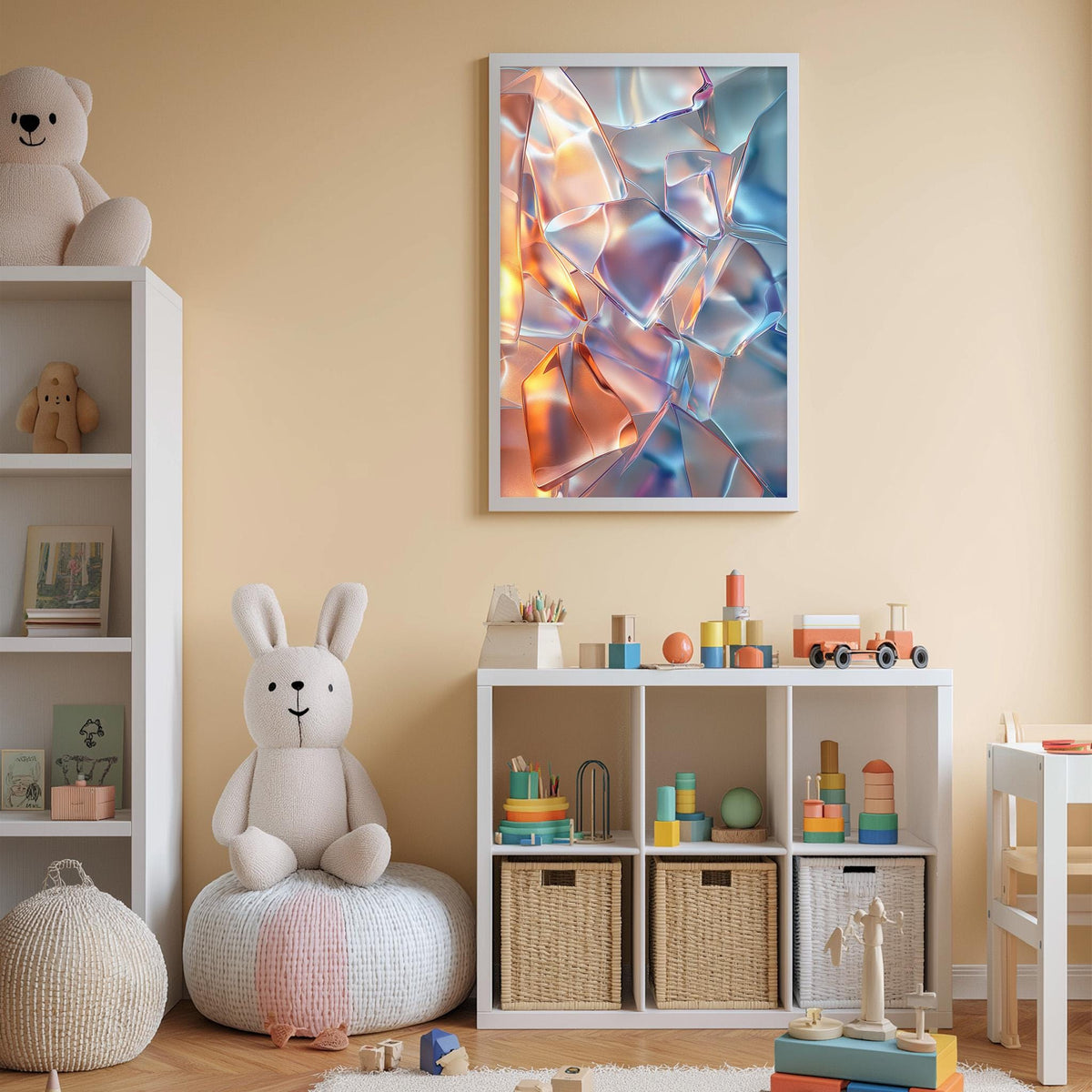 A cozy and colorful children's bedroom with a large abstract painting on the wall, a white bookshelf filled with toys, and a plush rabbit sitting on a bean bag chair.