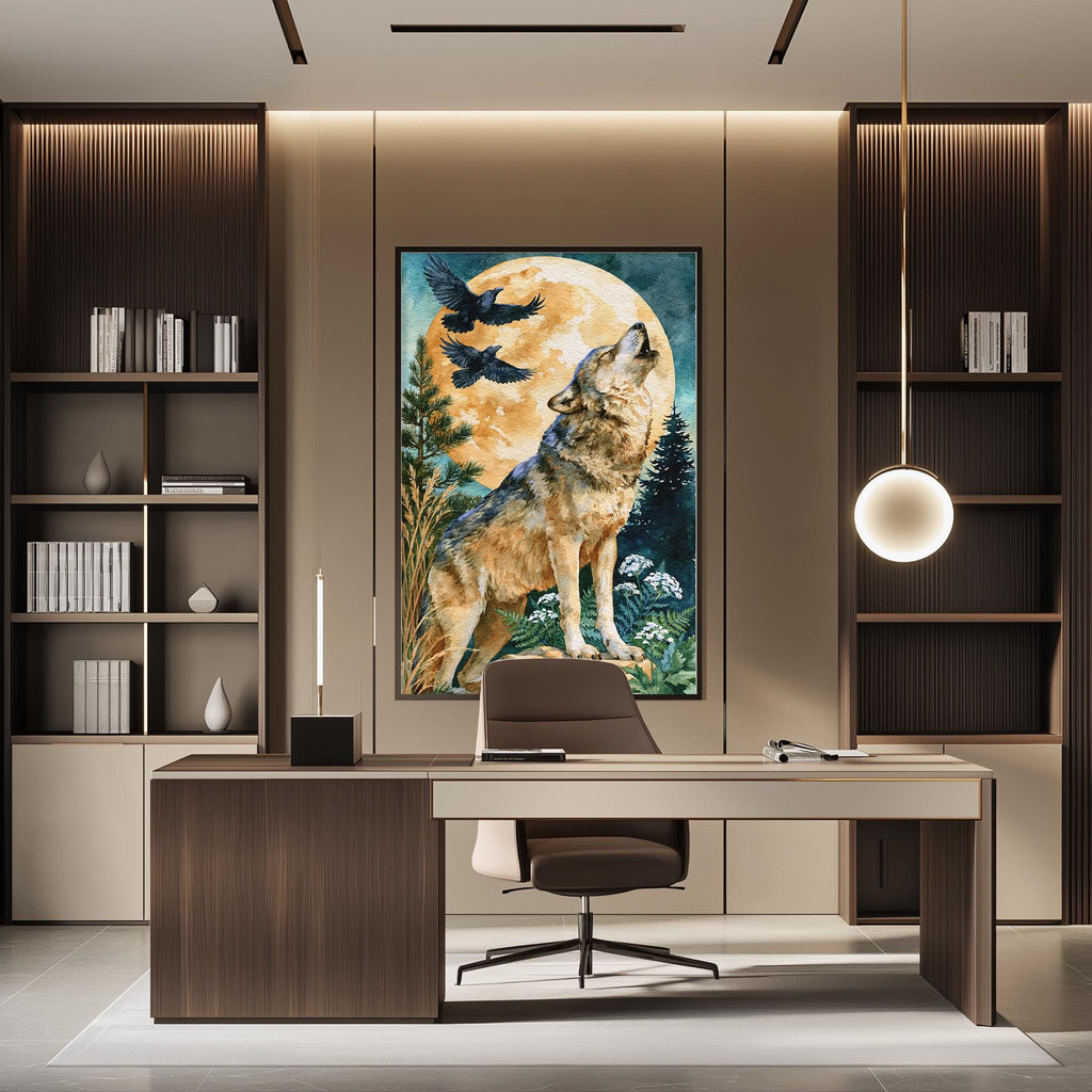 a modern office space with a large painting of a wolf howling at the moon hanging on the wall. The office has a wooden desk, a chair, and a bookshelf filled with books. The overall design and decor create a professional and stylish atmosphere.