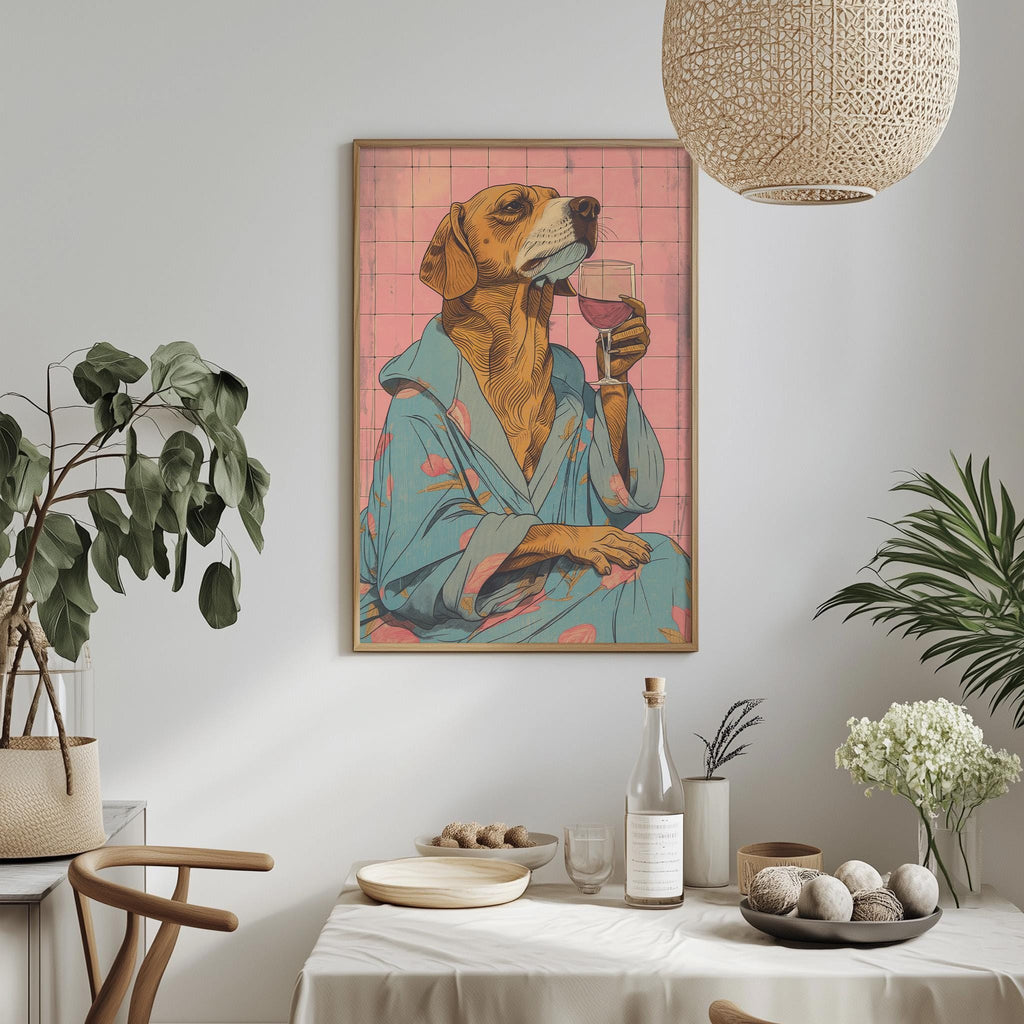a framed illustration of a dog wearing a blue robe and holding a glass of wine, set against a pink background. The dog is sitting at a table with various items on it, including a bottle, a bowl, and a vase. The room has a minimalist and modern decor, with potted plants and a hanging light fixture.