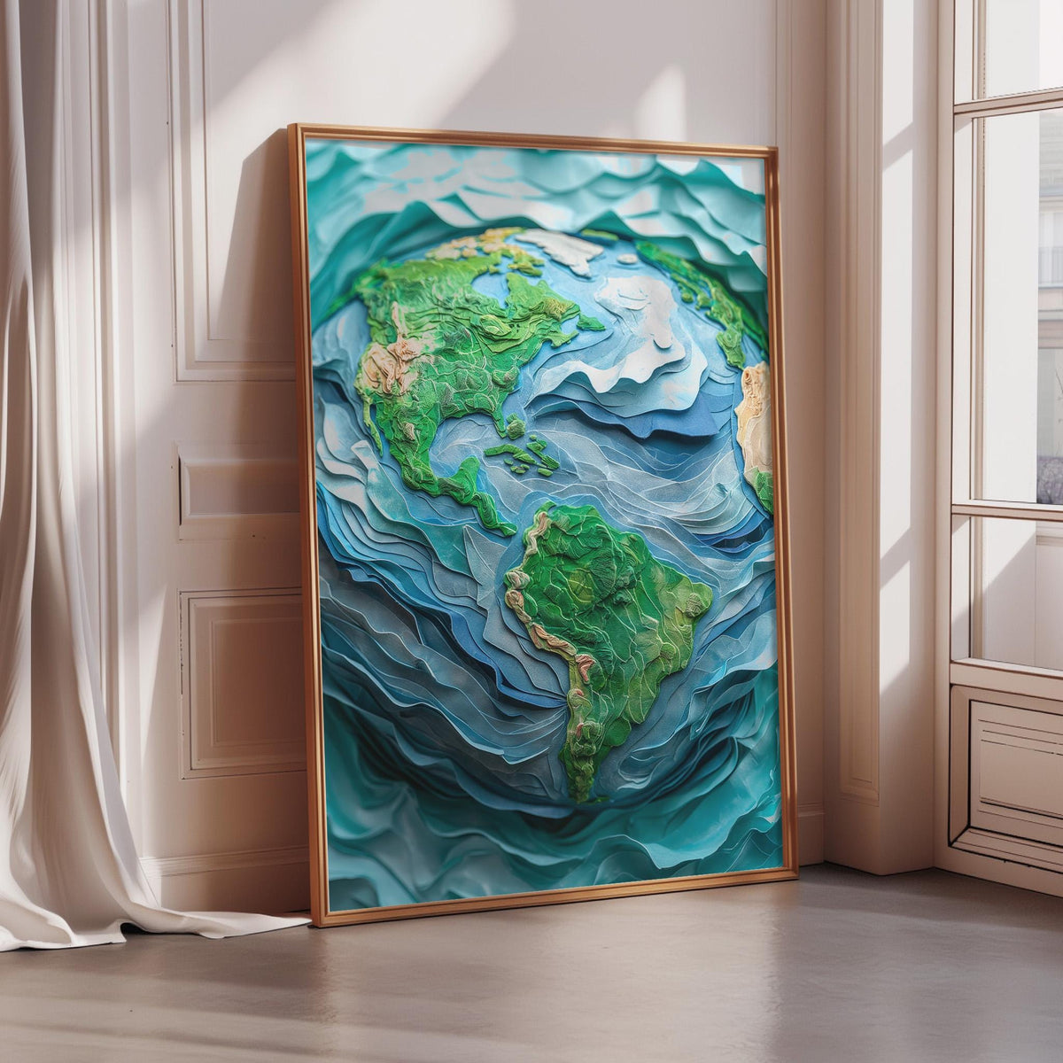 a large, framed artwork depicting a detailed, colorful representation of the Earth, with the continents and oceans rendered in a vibrant, artistic style.