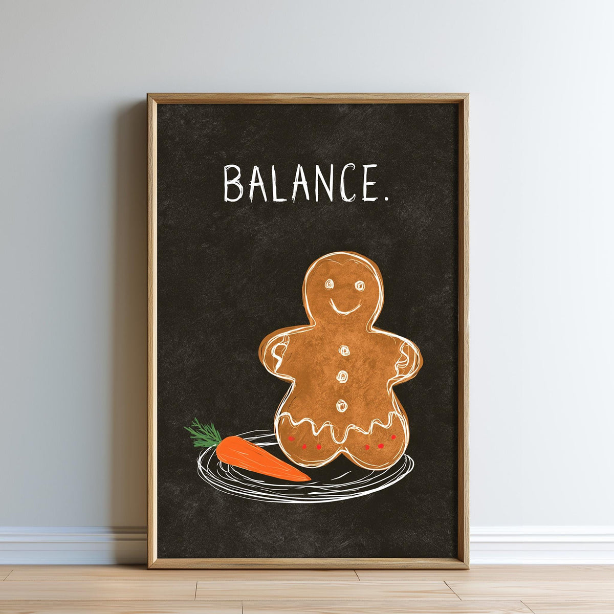 a gingerbread man sitting on a plate with a carrot, accompanied by the text "BALANCE."