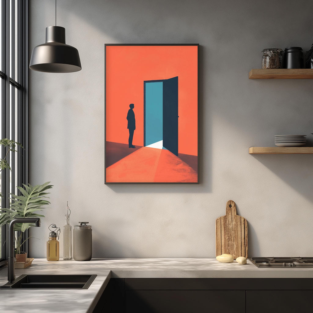 a minimalist kitchen scene with a framed abstract artwork hanging on the wall above a countertop with various kitchen items such as a cutting board, a sink, and a plant.