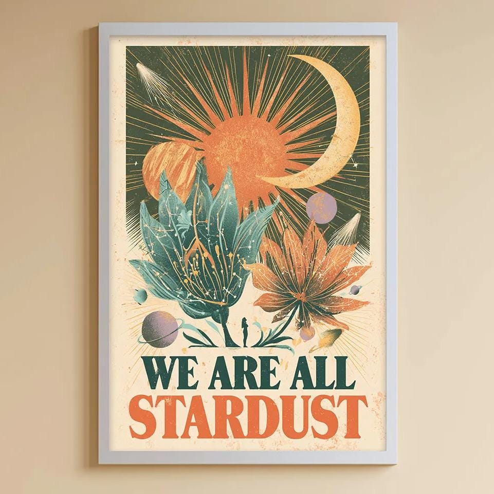 A child's bedroom with a white bookshelf, a stuffed rabbit, and a colorful poster on the wall. The poster features a sun and flowers, along with the text "WE ARE ALL STARDUST".