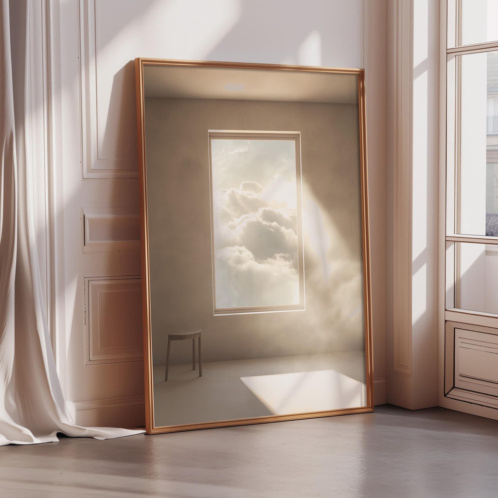 a large mirror with a window in the background, creating a serene and tranquil atmosphere.