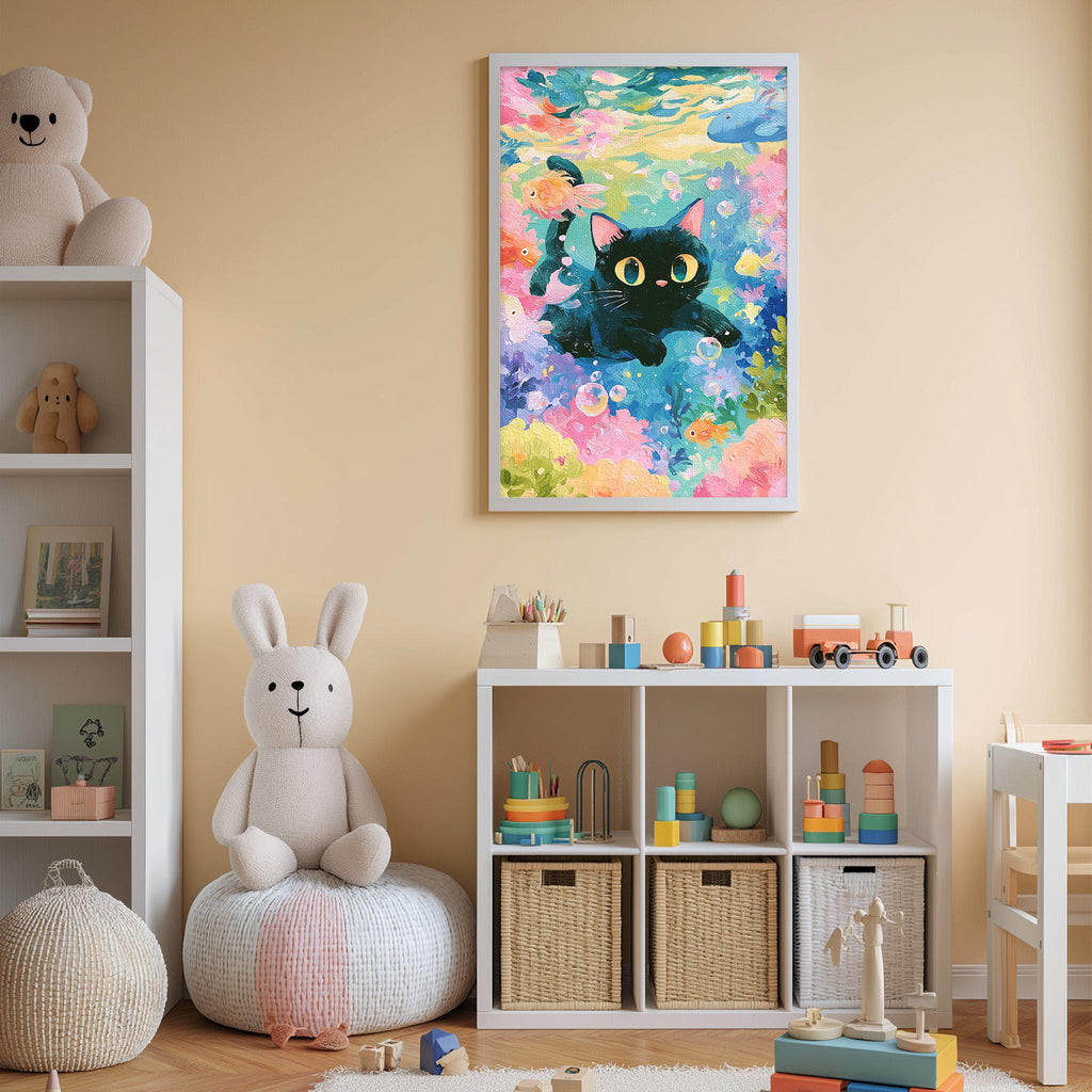 A child's bedroom with a white bookshelf, a stuffed rabbit, a colorful painting of a cat, and various toys and storage bins.