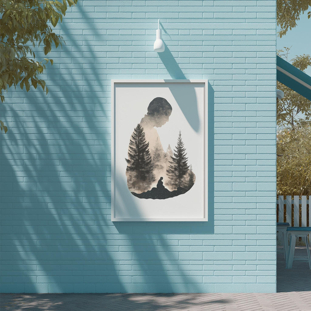 a blue brick wall with a framed picture of a silhouette of a person in front of a forest scene.