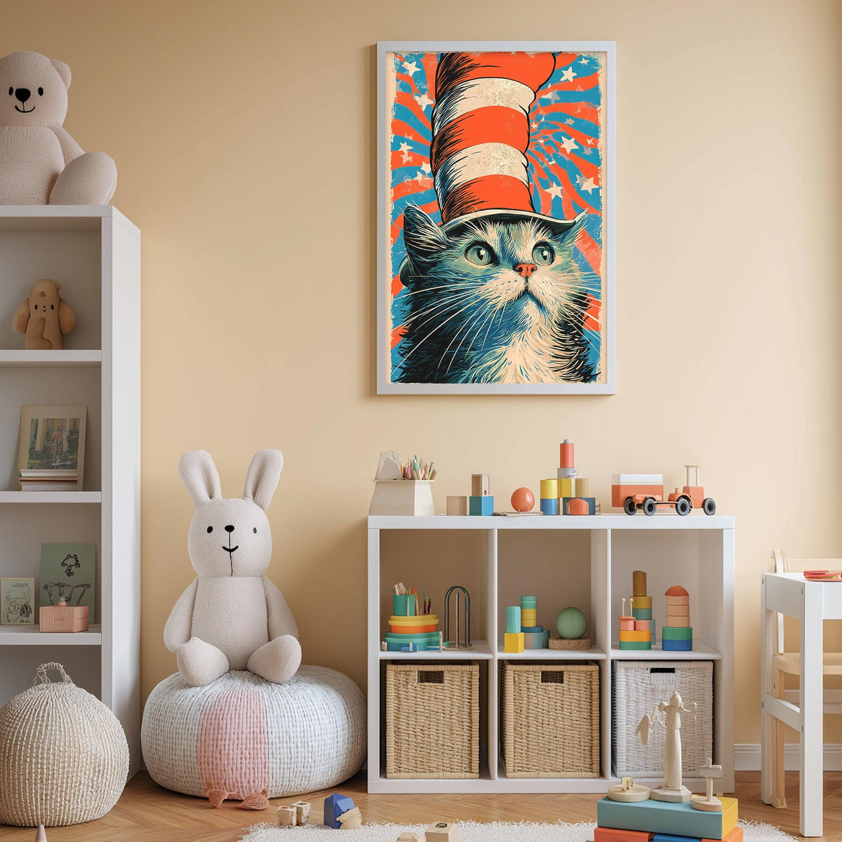 A child's bedroom with a white bookshelf, a stuffed rabbit, a toy train, and a framed poster of a cat wearing a hat.
