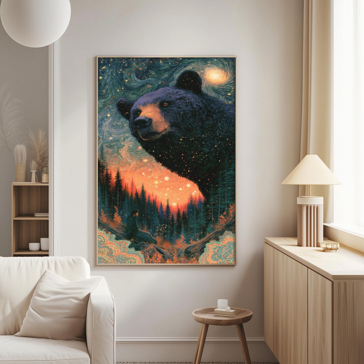 a large, colorful painting of a bear against a starry night sky, hanging on a wall in a living room.