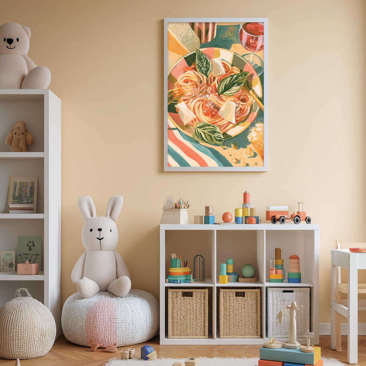A cozy children's room with a white rabbit sitting on a bean bag chair, surrounded by toys and a colorful painting of spaghetti and meatballs on the wall.