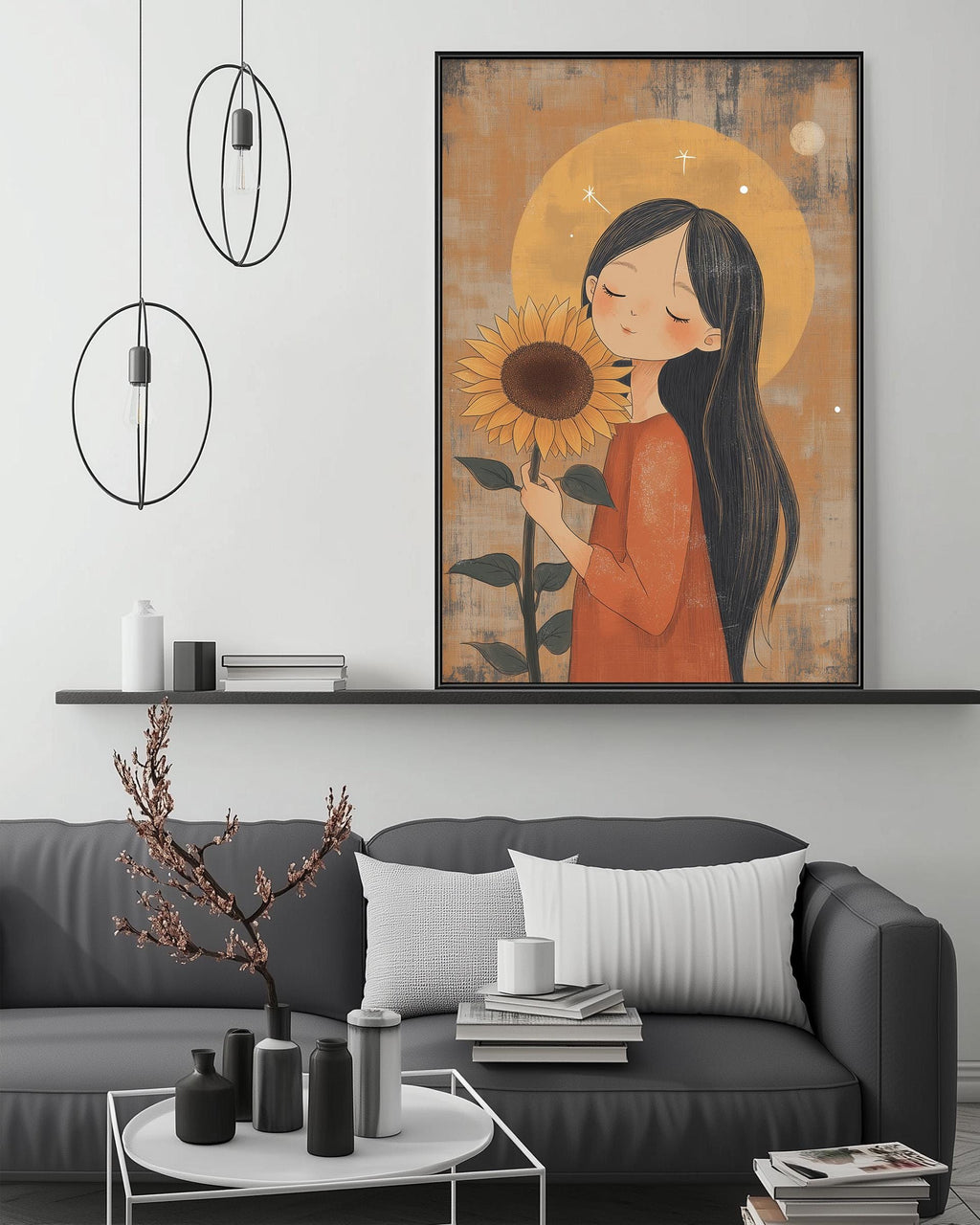 a cozy living room with a gray sofa, a coffee table, and a large framed illustration of a young girl holding a sunflower. The room has a minimalist and modern design, with a pendant light hanging above the sofa and a shelf displaying decorative items.