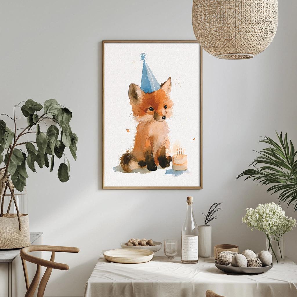 a framed watercolor painting of a fox wearing a birthday hat, sitting next to a birthday cake, with a dining table and chairs in the foreground.