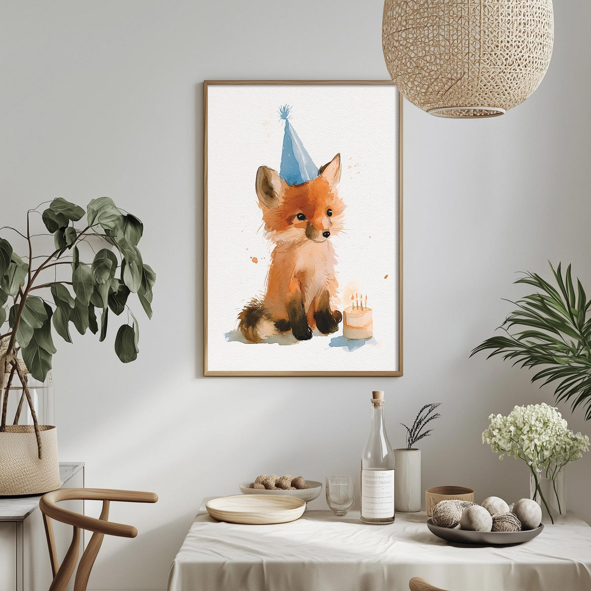 a framed watercolor painting of a fox wearing a birthday hat, sitting next to a birthday cake, with a dining table and chairs in the foreground.
