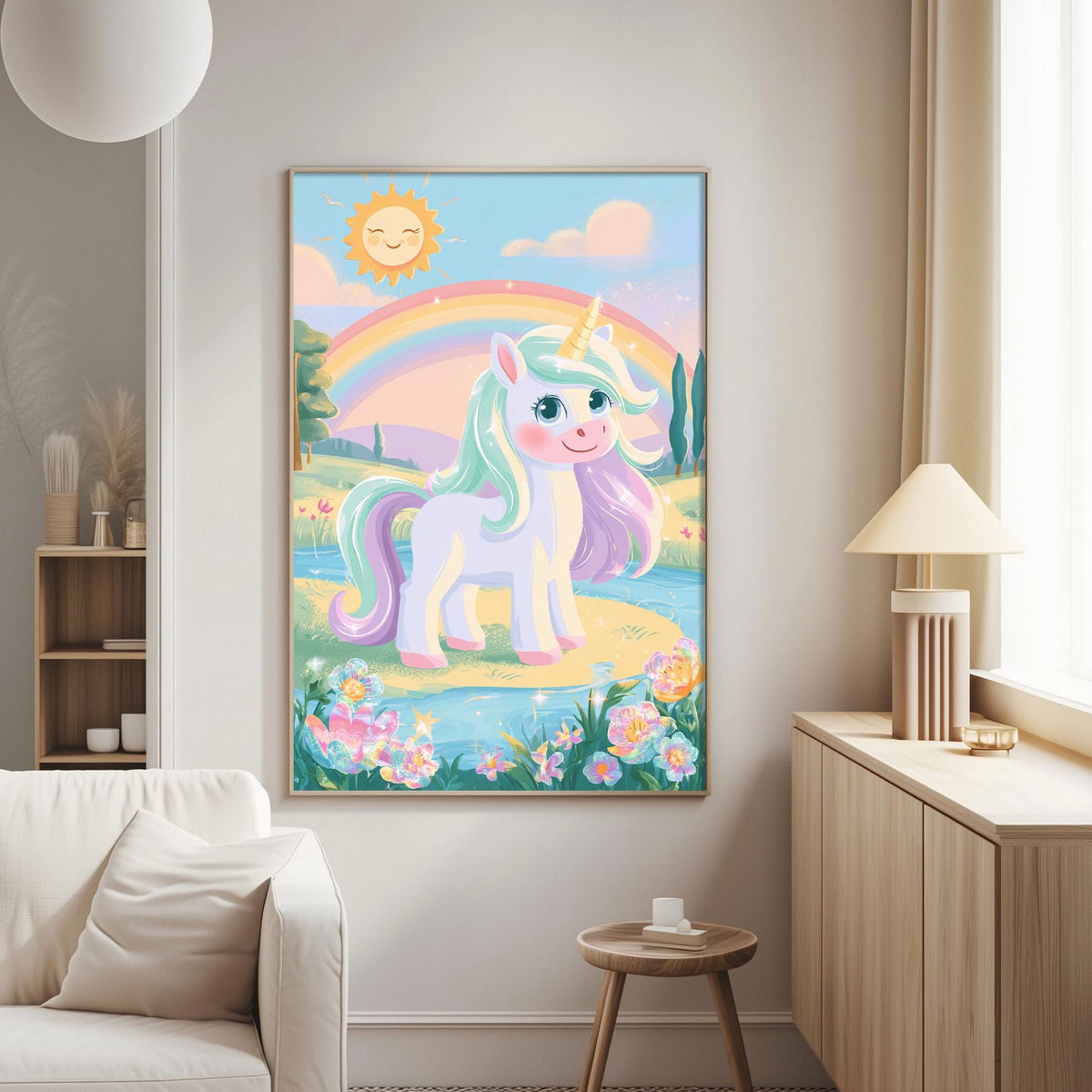 a large, colorful painting of a unicorn in a field with flowers and a rainbow in the background.