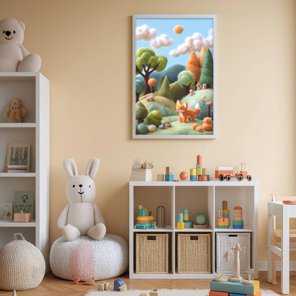 A cozy children's room with a large stuffed bunny, a bookshelf, and a toy chest filled with toys. The room has a warm, inviting atmosphere with a colorful landscape painting hanging on the wall.